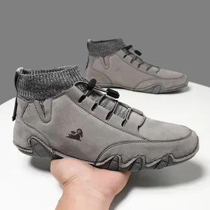 Grey high-top outdoor casual sneakers with knitted sock collar and non-slip rubber soles