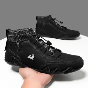 Men's high-top black leather casual sneakers with knit collar and octopus rubber sole
