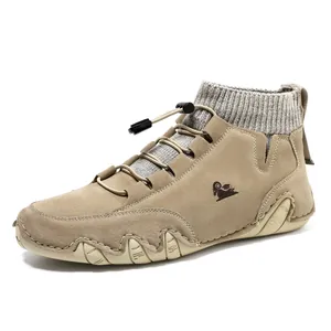 Men's khaki suede sock boots with knitted ankle cuff and elastic drawstring lock