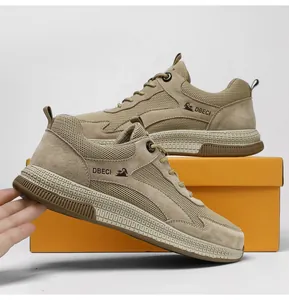 Side view of khaki leather mesh sneakers showing breathable texture and durable rubber sole