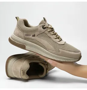 Close-up of lightweight khaki mesh sneaker showing breathable leather and non-slip sole