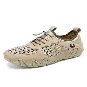 Ανδρικά casual sneakers από χακί δίχτυ και σουέτ με ελαστικό κορδόνι για εξωτερική χρήση