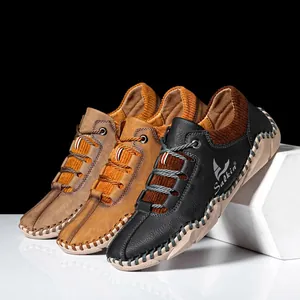 Detail of handmade stitching and premium leather textures on men's casual shoes