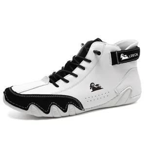 LDECK Men's high-top fashion sneakers in black and white leather with wavy sole details