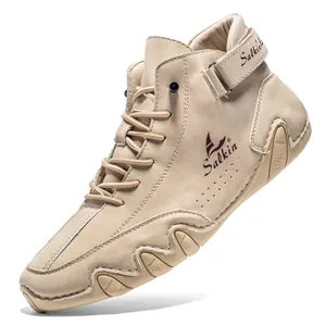 Khakifarbene hohe Freizeitschuhe mit Salkin Klettverschluss und robuster Gummisohle