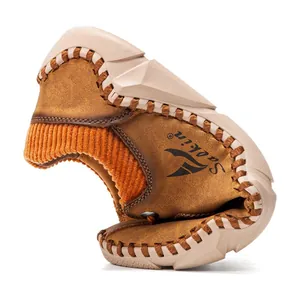Close-up of flexible brown leather casual shoe showing high flexibility and non-slip sole