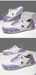 Macro views of white and purple patchwork casual sneakers with unique wavy rubber soles