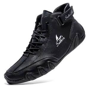 Schwarze High-Top Lederstiefel für Herren mit Klettverschluss und rutschfester Wellensohle