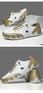 Detailed close-up of white and gold fashion sneakers with wave-textured rubber soles
