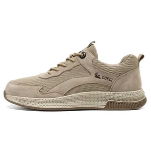 Detail view of khaki men's casual sneakers featuring breathable mesh and suede panels