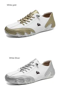 Detail of White Gold and White Silver leather sneakers with goat logo and AUS metal buckle