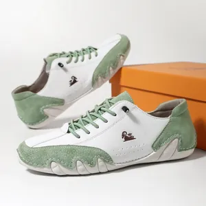 Men's low-top casual leather shoes with green suede patchwork and wave sole