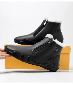Detail of leather martin boot with warm fleece lining and side zipper closure
