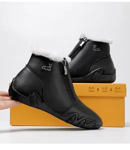Detail view of black leather snow boots with warm white faux fur lining and side zipper
