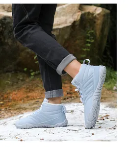 Detail of light blue winter snow boots with thick faux fur lining and anti-slip sole
