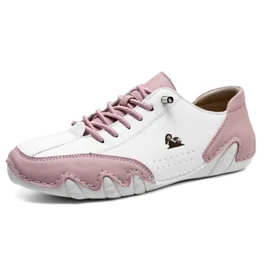 Women's pink and white leather casual lace-up shoes with wave stitching and octopus sole