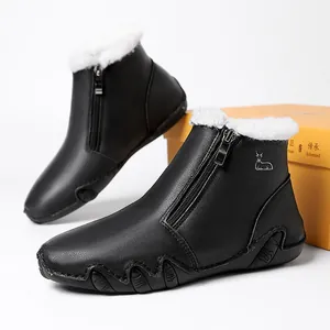 Women's vintage leather Martin boots with warm plush lining and side zipper detail