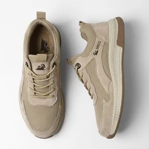 Men's breathable mesh leather outdoor sneakers in khaki color, top-down and side view
