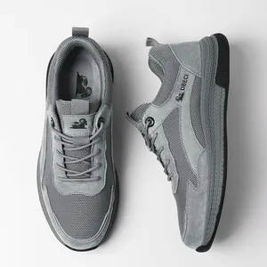 Men's dark grey breathable mesh sneakers with leather trim and non-slip rubber soles