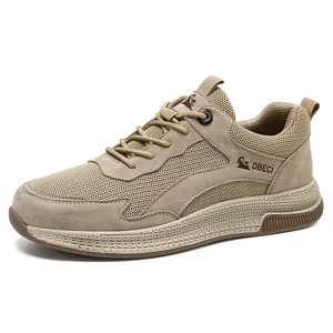Khaki breathable leather mesh sneakers for men featuring durable rubber outsoles