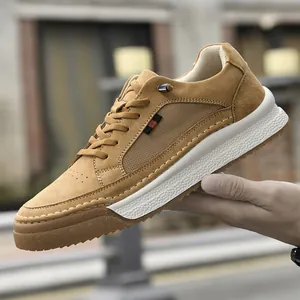 Men's premium suede leather casual sneakers in camel brown with thick rubber soles