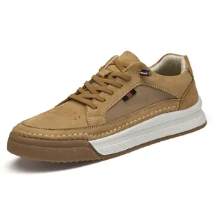 Men's khaki genuine leather casual sneakers with side stripe detail and thick rubber sole