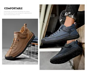 Dettaglio macro di cuciture robuste e chiusura in velcro su stivali casual da uomo