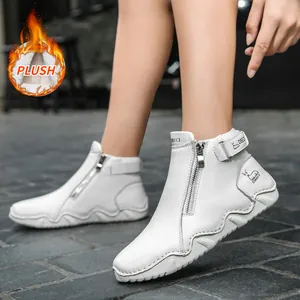 Women's white leather winter ankle boots with plush lining and side metal zipper