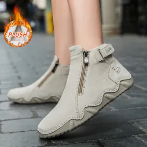 Women's warm leather ankle boots in beige with plush lining and side zipper closure