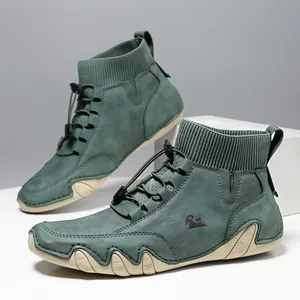 Dunkelgrüne High-Top Freizeitschuhe mit Strickbündchen und welliger Anti-Rutsch-Sohle