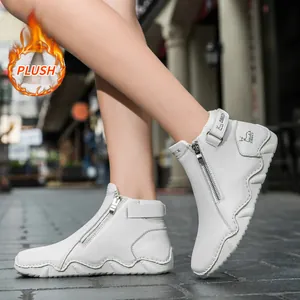 Women's white leather warm boots with plush lining and durable non-slip thick sole