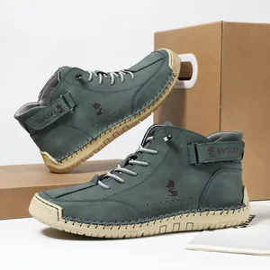 Men high-top casual boots in blue-grey nubuck leather with thick beige stitched soles