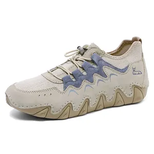 Outdoor genuine leather sneakers in beige and blue suede with elastic drawstring