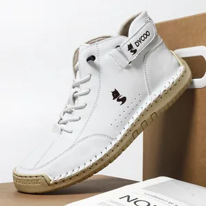 Men's high-top white leather casual shoes with hand-stitched details and rubber gum soles