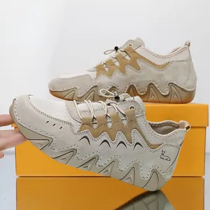 Outdoor khaki leather sports shoes with breathable mesh and anti-slip rubber wave sole