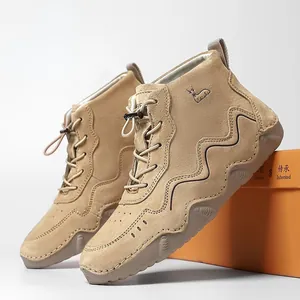 Damen Warm Leder Stiefeletten in Khaki Wildleder mit Wellensohle und Stickerei