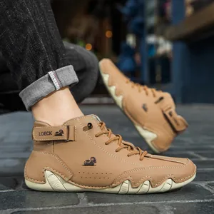 Braune hohe Leder-Outdoorstiefel mit Schnürung und Klettverschluss für Herren