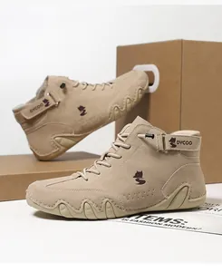 Detail of khaki high-top casual boots with side zipper and velcro ankle strap design