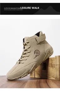 Détails des bottes d'extérieur en daim kaki avec logo mode et semelle en caoutchouc
