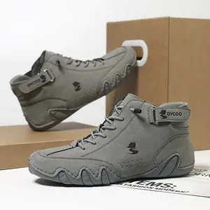 Grey high-top suede men's sneakers with non-slip rubber soles and breathable perforations