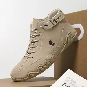 Men's high-top khaki suede sneakers with lace-up velcro straps and fox logo rubber soles