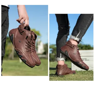 Close-up of brown leather high-top boots with velcro strap and wave-patterned rubber soles