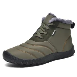 Men's winter snow boots in army green with waterproof fabric and warm plush lining