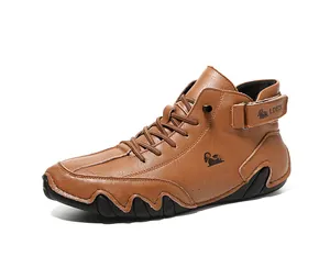 Detailed side view of brown leather high-top boot with LDECK logo and rubber sole