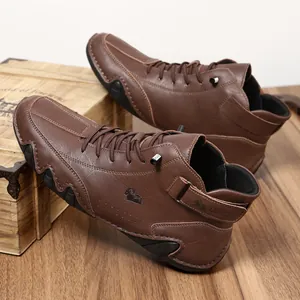 LDECK Men's high-top brown leather martin boots with non-slip rubber soles for casual wear