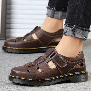 Sandali Casual da Uomo in Vera Pelle Punta Chiusa Traforati Scarpe da Lavoro con Suola Spessa e Cuciture Gialle Velcro Traspiranti Scarpe da Passeggio Estive