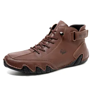 LDECK Men's high-top brown leather boots with lace-up closure and durable rubber sole