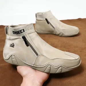 Bottines d'hiver pour hommes en cuir beige avec doublure polaire et semelles antidérapantes