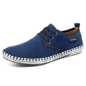 Men's navy blue suede casual shoes with white woven stitch sole detail and lace-up design