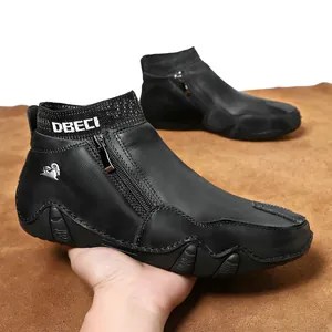 Bottes montantes pour hommes en cuir noir avec doublure chaude et fermeture éclair latérale